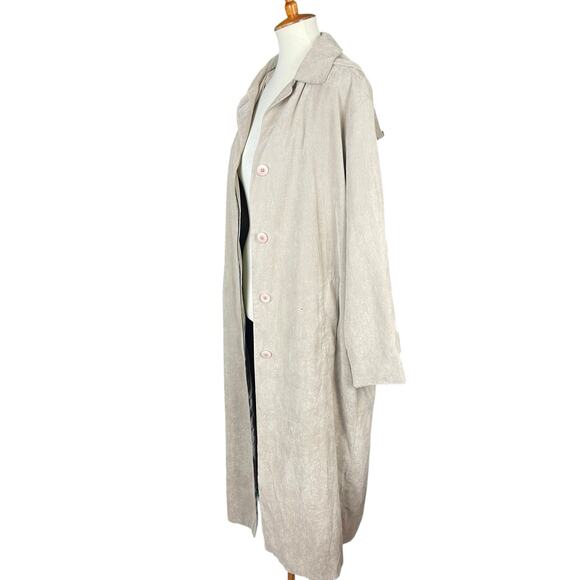 Vintage 90s London Fog Faux Suede Tan Trench Coat Size 8 Button Down w/Hood - Picture 2 of 15